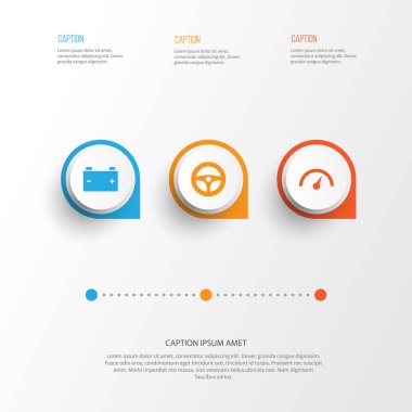 Otomatik Icons Set. Sürücü kumanda, akümülatör, kronometre ve diğer öğeleri koleksiyonu. Ayrıca tekerlekli, Chronometre, pil gibi simgeler içerir.