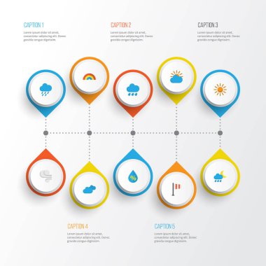 Hava düz simgeler kümesi. Yağmur, fırtına, güneş ve diğer öğeleri koleksiyonu. Yay, Blizzard, sıcak gibi semboller de içerir.