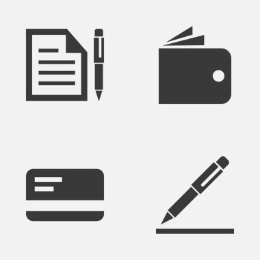 İş Icons Set. Sözleşme, cüzdan, kalem ve diğer öğeleri koleksiyonu. Ayrıca m-cüzdan, ödeme, kartı gibi simgeler içerir.