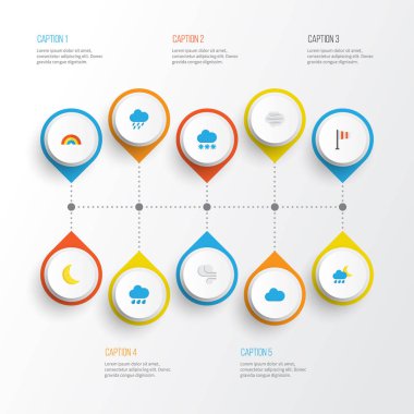 İklim düz simgeler kümesi. Yay, bulut, afiş ve diğer öğeleri koleksiyonu. Ayrıca fırtına, kar, Blizzard gibi simgeler içerir.