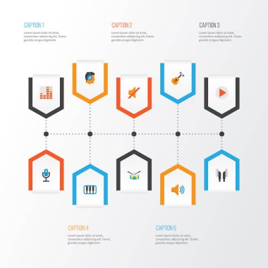 Multimedya düz simgeler kümesi. Kontrol, grup, kulaklık öğeleri koleksiyonu. Ayrıca müzikal, ekolayzer, mikrofon gibi simgeler içerir.