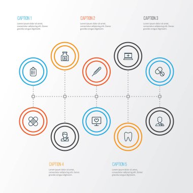 Tıp anahat simgelerini belirlemek. Alçı, kayıt, hap ve diğer öğeleri koleksiyonu. Ayrıca sıcaklık, hap, diş gibi simgeler içerir.