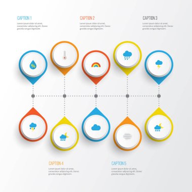 Hava düz simgeler kümesi. Flash, rüzgarlı topluluğu, bulut ve diğer öğeleri. Ayrıca Rüzgar, renklilik, yağmur gibi simgeler içerir.