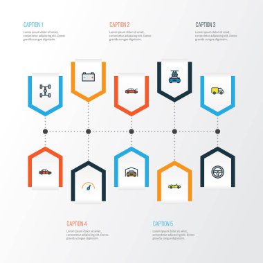 Otomobil renkli anahat simgelerini belirlemek. Çamaşır, akümülatör, dümen ve diğer öğeleri koleksiyonu. Dingil mesafesi, döken, düzen gibi semboller de içerir.