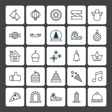 Yıl Icons Set. Pasta parça, boş şerit, atlı kızak ve diğer öğeleri koleksiyonu. Ayrıca oyuncak, kar tanesi, Emlak gibi simgeler içerir.