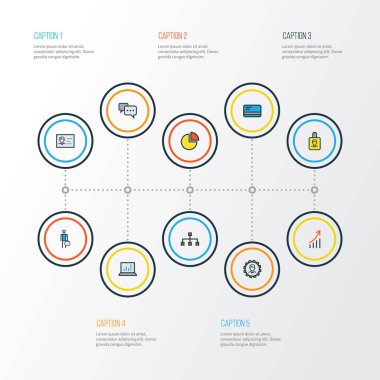 İş renkli anahat simgelerini belirlemek. Banka nakit, ağ, daire istatistikleri ve diğer öğeleri koleksiyonu. Ayrıca rozet, diyagram, işadamı gibi simgeler içerir.