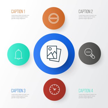 Web simgeler kümesi. Zaman, çöp, uyarı ve diğer öğeleri koleksiyonu. Ayrıca, uyarı, Ban, fotoğraf gibi simgeler içerir.