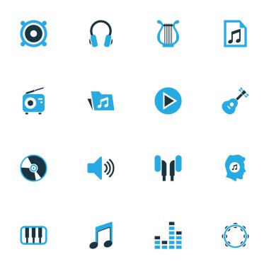 Ses renkli simgeler kümesi. Kulaklık, vinil, Harp ve diğer öğeleri koleksiyonu. Ayrıca klavye, başlangıç, Timbrel gibi simgeler içerir.