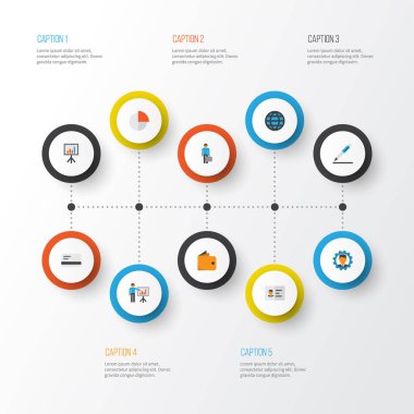 Ticaret düz simgeler kümesi. Geliştirici, küresel topluluğu, faturaları ve diğer öğeleri. Ayrıca masa, grafik, çanta gibi simgeler içerir.