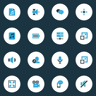 Medya renkli simgeler kümesi. Video, mobil içerik, Datacenter ve diğer öğeleri koleksiyonu. Ayrıca liste, mobil, imleç gibi simgeler içerir.