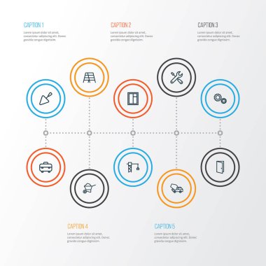 İnşaat anahat simgeleri ayarlayın. Pencere, Beton mikseri, dişli ve diğer öğeleri koleksiyonu. Ayrıca dişli, ekipman, merdiven gibi simgeler içerir.