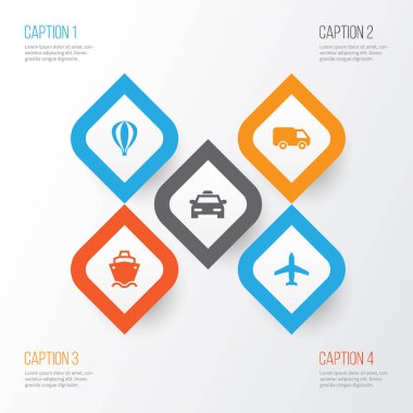 Sevk irsaliyesi Icons Set. Tanker, taksi, zeplin ve diğer öğeleri koleksiyonu. Ayrıca Camion, uçak, taksi gibi simgeler içerir.