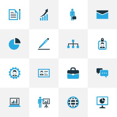 İş renkli simgeler ayarlayın. Rozet, grafik ve diğer öğeleri büyüyen kalem ile belge koleksiyonu. Ayrıca el çantası, dünya, posta gibi simgeler içerir.