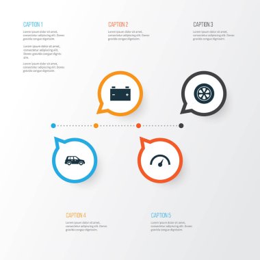 Araba Icons Set. Araba, akümülatör, kronometre ve diğer öğeleri koleksiyonu. Ayrıca Chronometre, lastik, Crossover gibi simgeler içerir.