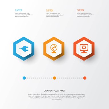 Donanım simgeleri ayarlayın. Örümcek ağı fotoğraf makinesi, bağlayıcı, Pc ve diğer öğeleri koleksiyonu. Ayrıca kamera, bağlayıcı, güç gibi simgeler içerir.