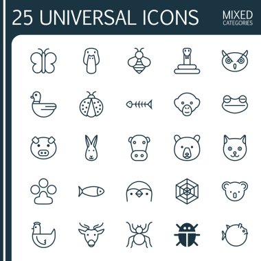 Zooloji Icons Set. Dalgıç, deniz ürünleri iskelet, güve ve diğer öğeleri koleksiyonu. Ayrıca hayvan, baykuş, boz ayı gibi simgeler içerir.