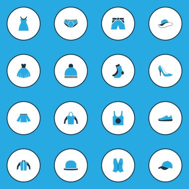 Elbise renkli simgeler kümesi. Külot, şık şapkalar, yelek ve diğer öğeleri koleksiyonu. Ayrıca, kazak, yelek, rüzgarlık gibi simgeler içerir.