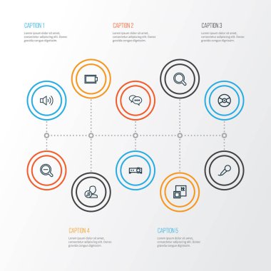Multimedya anahat simgelerini belirlemek. Boş akümülatör, Büyüteç, azalma ve diğer öğeleri koleksiyonu. Karaoke, pil, boş gibi semboller de içerir.