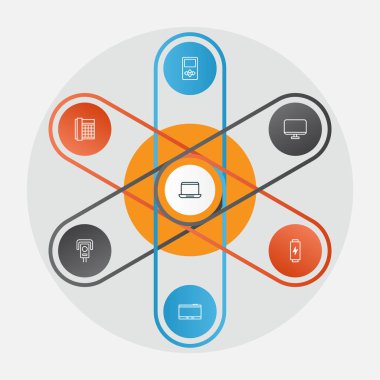 Aracı Icons Set. İş telefonu, bilgisayar monitörü, oyuncu ve diğer öğeleri koleksiyonu. Ayrıca Tablet, ofis, pil gibi simgeler içerir.