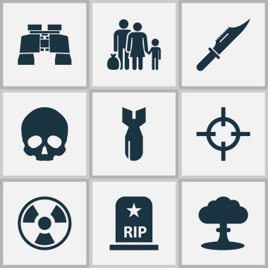 Savaş Icons Set. Hedef, kaçak, Atom ve diğer öğeleri koleksiyonu. RIP, Bio, ateş gibi semboller de içerir.