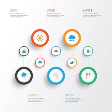 Hava düz simgeler kümesi. Fırtına, afiş, yıldırım ve diğer öğeleri koleksiyonu. Ayrıca sembolleri gibi içerir güneşli, yağmurlu, Rüzgar.