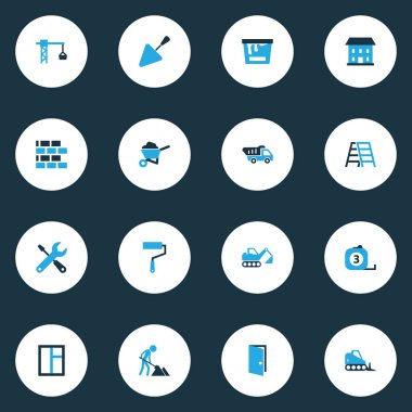 Renkli simgeler binada. Boya silindiri, bakım, cam ve diğer öğeleri koleksiyonu. Ayrıca bant, Pass, İngiliz anahtarı gibi simgeler içerir.