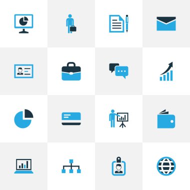 İş renkli simgeler kümesi. Yerel ağ, işadamı, istatistik ve diğer öğeleri koleksiyonu. Ayrıca işçi, daire, ağ gibi simgeler içerir.