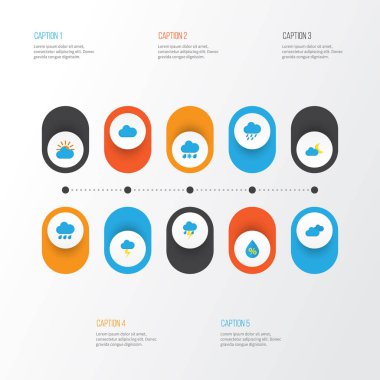 İklim düz simgeler kümesi. Yağmur, duş, bulutlu ve diğer öğeleri koleksiyonu. Ayrıca damla gibi simgeler içerir bulutlu, güneşli.