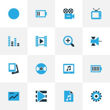 Müzik renkli simgeler kümesi. Film, tam dolu pil, Tablet ve diğer öğeleri koleksiyonu. Ayrıca düğme, Film, iletişim gibi simgeler içerir.