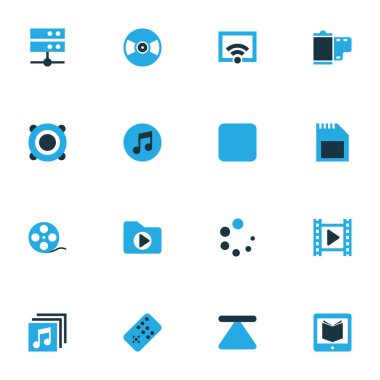 Medya renkli simgeler kümesi. Medya koleksiyon klasörü, sinyal, film ve diğer öğeleri. Ayrıca uzaktan, okuyucu, öğrenme gibi simgeler içerir.