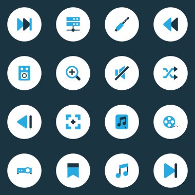 Multimedya renkli simgeler kümesi. Yakınlaştırma, nota, Datacenter ve diğer öğeleri koleksiyonu. Ayrıca geriye doğru gibi semboller içerir hedef, bitirmek.