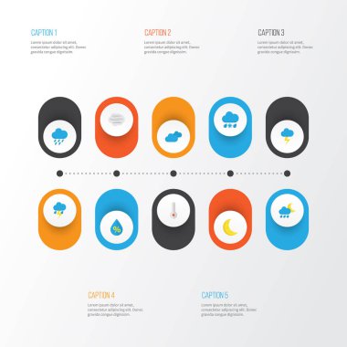 Hava düz simgeler kümesi. Yıldırım, rüzgarlı bulutlu ve diğer öğeleri koleksiyonu. Termometre, bulutlu, Flash gibi semboller de içerir.