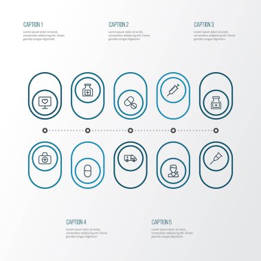 Uyuşturucu anahat simgelerini belirlemek. Hap, iğne, Stand öğeleri koleksiyonu. Ayrıca uyuşturucu, ekipman, yardım gibi simgeler içerir.