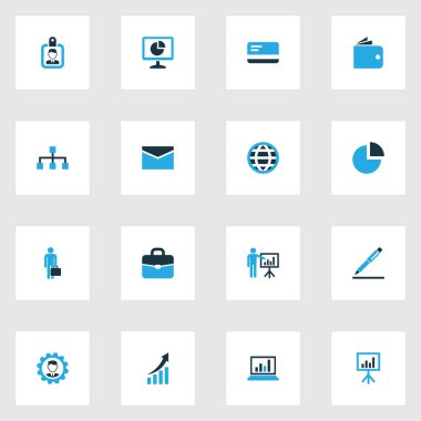 İş renkli simgeler ayarlayın. Portföy, banka kartı, posta ve diğer öğeleri koleksiyonu. Ayrıca kart, işçi, masa gibi simgeler içerir.