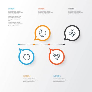 Hayvanat Bahçesi Icons Set. Butterflyfish, geyik, tavuk ve diğer öğeleri koleksiyonu. Ayrıca kümes hayvanları, tavuk, Bumblebee gibi simgeler içerir.