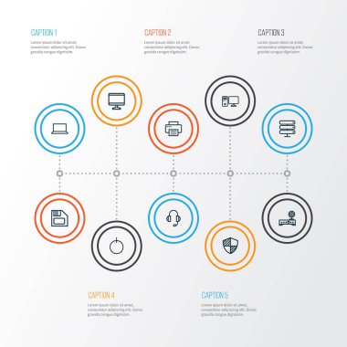 Bilgisayar anahat simgelerini belirlemek. Görüntü, Modem, dizüstü bilgisayar ve diğer öğeleri koleksiyonu. Ayrıca bilgisayar, Datacenter, güç gibi simgeler içerir.