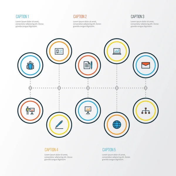 Jobb färgglada disposition ikoner Set. Samling av dator analyser, meddelande, Billboard Presentation och andra element. Innehåller också symboler så som Global, dokument, Team. — Stock vektor