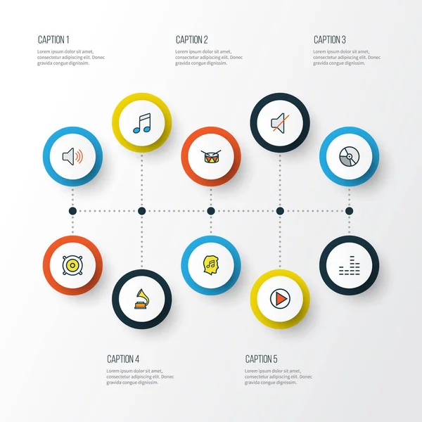 Ljud färgglada disposition ikoner Set. Samling av fat, ljud, grammofon och andra element. Innehåller också symboler såsom omslag, volym, Mixer. — Stock vektor