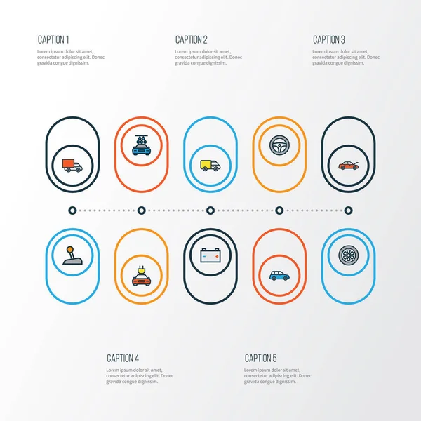 Otomobil renkli anahat simgelerini belirlemek. Dümen, parça, Van ve diğer öğeleri koleksiyonu. Ayrıca Hood, tekerlek, kaporta gibi simgeler içerir.