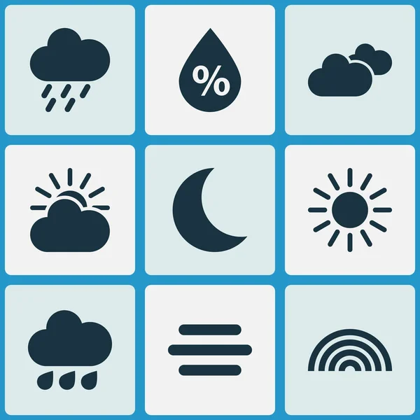 Levegő ikonok beállítása. Gyűjtemény, időjárás, színek, Sun-felhő, és egyéb elemek. Magában foglalja a szimbólumok, mint a szivárvány, napos, zuhany. — Stock Vector