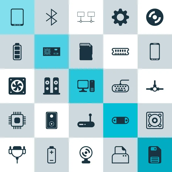 Computer Icons Set. Collection Of Audio Device, Loudspeakers, Power Generator And Other Elements. Also Includes Symbols Such As Keypad, Gear, Accumulator. — Stock Vector