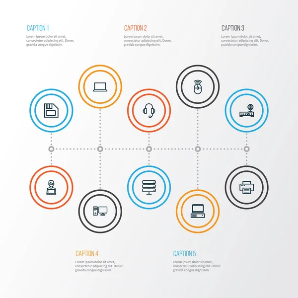 硬件大纲图标设置。计算机、 外围设备、 打印机和其他元素的集合。此外包括符号如个人，耳机，笔记本电脑. — 图库矢量图片