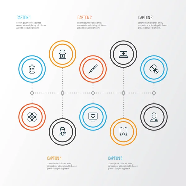Orvostudomány vázlat ikonok beállítása. Vakolat, rekord, tablettákat és más elemek gyűjteménye. Magában foglalja a szimbólumok, mint a hőmérséklet, tabletták, fogászati. — Stock Vector