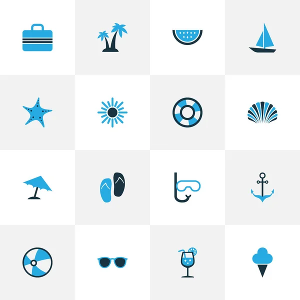 Set de iconos coloridos de temporada. Colección de Flip Flop, Shell, Lifebuoy y otros elementos. También incluye símbolos como sandía, caracol, playa . — Archivo Imágenes Vectoriales