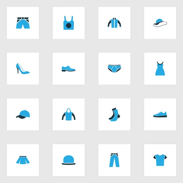 Conjunto de ícones coloridos vestido. Coleção de tênis, camiseta, meias e outros elementos. Também inclui símbolos como calças, calças, sapatos . — Vetor de Stock