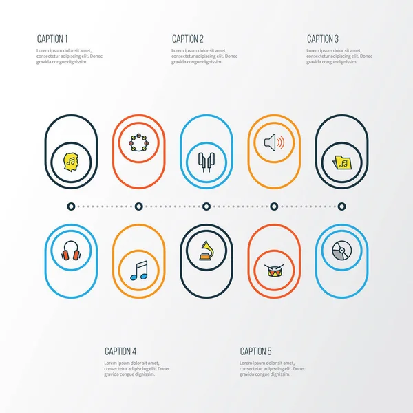 화려한 멀티미디어 개요 아이콘 설정합니다. 이어폰, 탬 버린, 헤드폰 및 기타 요소의 컬렉션입니다. 또한 비닐, 노트, 패키지 등의 기호를 포함. — 스톡 벡터
