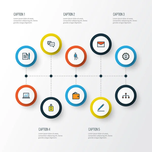 비즈니스 다채로운 윤곽 아이콘을 설정합니다. 메시지, 계약, 컴퓨터 분석 및 기타 요소의 컬렉션입니다. 또한 다이어그램, 직원, 네트워크 등의 기호를 포함. — 스톡 벡터