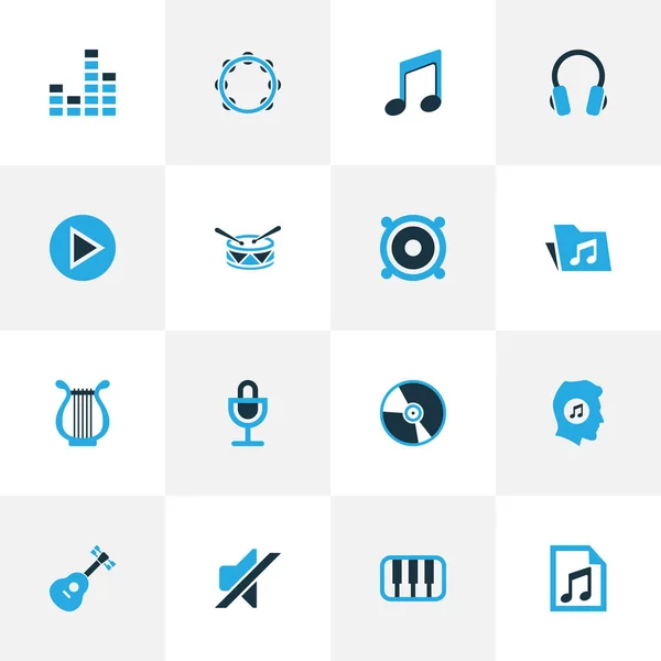 Multimedia kleurrijke Icons Set. Collectie van Play, Drum, muziekliefhebber en andere elementen. Ook symbolen zoals Play, Mute, Vinyl. — Stockvector