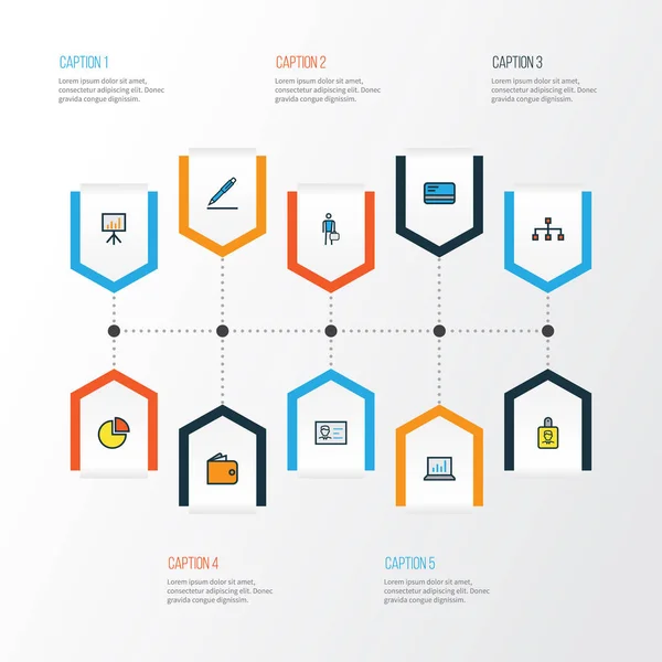 Business Colorful Outline Icons Set. Coleção de dinheiro do banco, documento de identificação, crachá de identificação e outros elementos. Também inclui símbolos como estrutura, lápis, crachá . —  Vetores de Stock