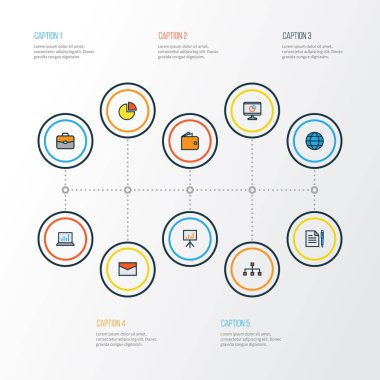 Ticaret renkli anahat simgeler kümesi. Dünya, Billboard sunum, anlaşma ve diğer öğeleri koleksiyonu. Ayrıca sözleşme, pasta, yapısı gibi simgeler içerir.
